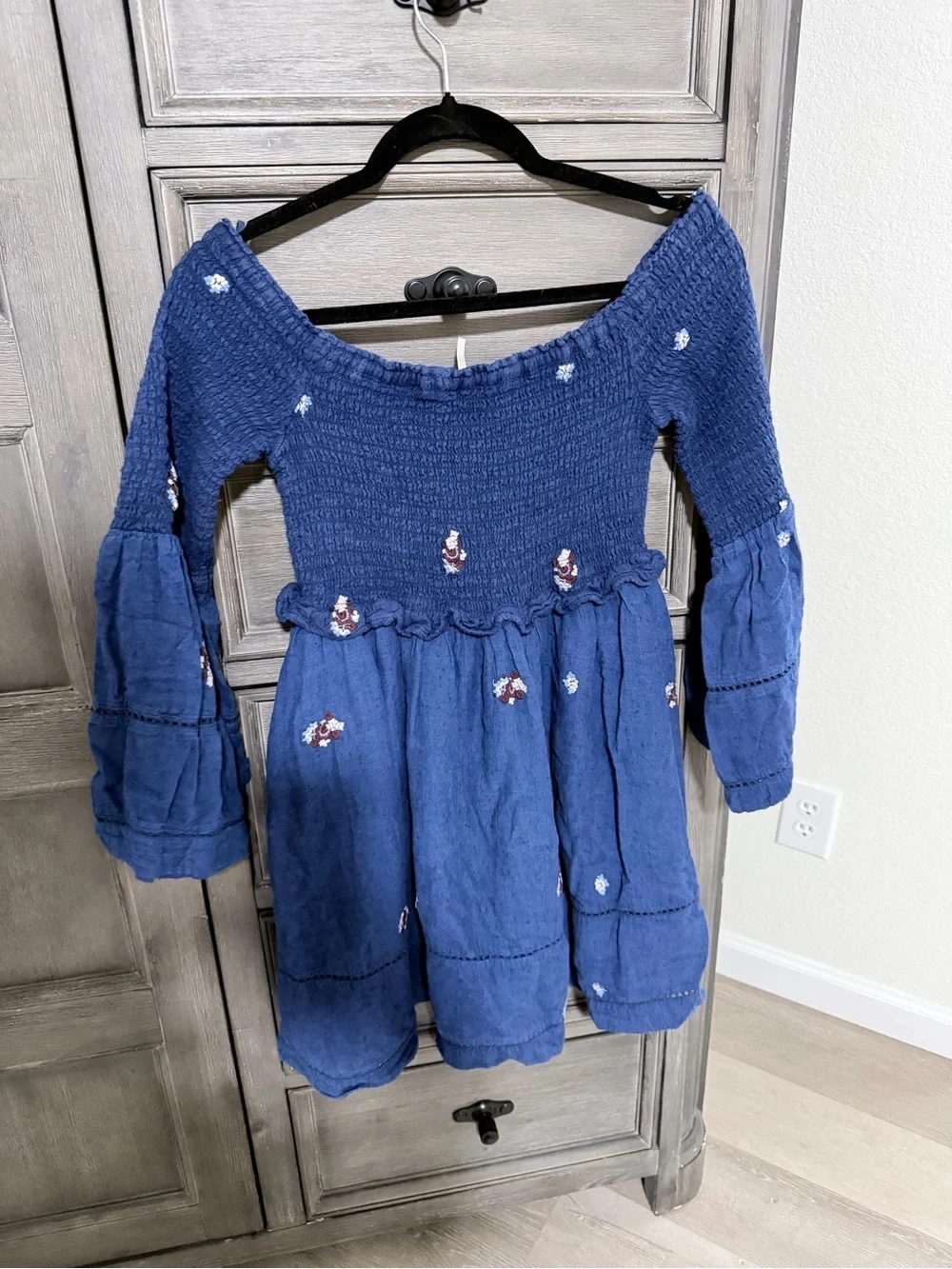 Free People Indigo Smocked Off-Shoulder Embroidered Dress